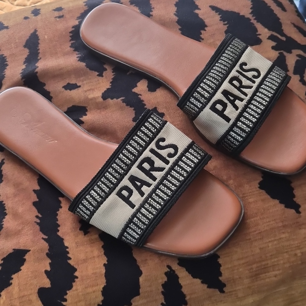 PARIS Embroidered Slide Sandals in Black and Beige